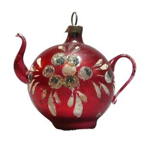 Antique Mercury Glass Teapot Ornament Red Stenciled Flowers Christmas 2"